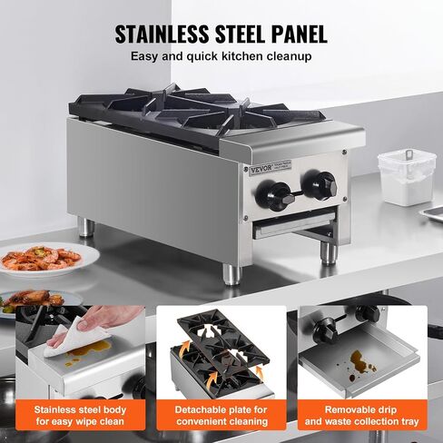 VEVOR Commercial Gas Stove with 2 Burners, Propane and Natural Gas Countertop Cooking Stove Range, Stainless Steel Gas Hot Plate, Commercial Cooking Equipment for Restaurant, 56,000 BTU in Saudi Arabia