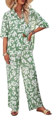 Peaceglad Womens Summer Print 2 Piece Pajama Sets Short Sleeve Button Down Outfit Long Pants Sleepwear Set in Saudi Arabia