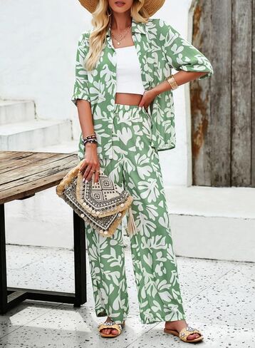 Peaceglad Womens Summer Print 2 Piece Pajama Sets Short Sleeve Button Down Outfit Long Pants Sleepwear Set in Saudi Arabia
