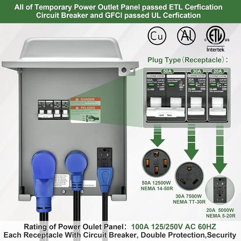 Temporary Power Outlet Panel, 20, 30 and 50-Amp Receptacle, RV Electrical Outlet Panel with 20A, 30A, 50A Circuit Breaker, 20A GFCI, ETL Listed (50 Amp+30 Amp+20 Amp+20 Amp TR GFCI) in Saudi Arabia