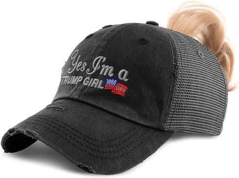Custom Womens Ponytail Cap Yes I'm A Trump Girl Woman Distressed Trucker Caps in Saudi Arabia