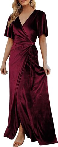 Women's Wrap Velvet Maxi Dress V Neck Bell Sleeve Split Elegant Cocktail Party Dress in Saudi Arabia