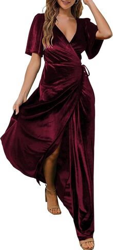 Women's Wrap Velvet Maxi Dress V Neck Bell Sleeve Split Elegant Cocktail Party Dress in Saudi Arabia