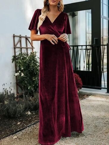 Women's Wrap Velvet Maxi Dress V Neck Bell Sleeve Split Elegant Cocktail Party Dress in Saudi Arabia