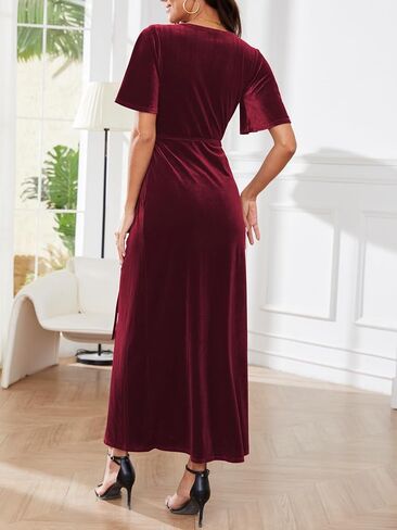 Women's Wrap Velvet Maxi Dress V Neck Bell Sleeve Split Elegant Cocktail Party Dress in Saudi Arabia