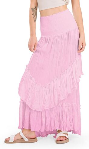 CHARTOU Women Boho Maxi Convertible Skirt Wide Smocked Elastic Waist Asymmetric Ruffle Strapless Dress in Kuwait