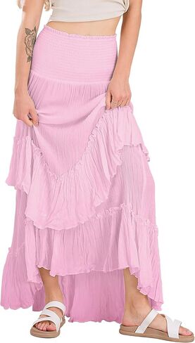 CHARTOU Women Boho Maxi Convertible Skirt Wide Smocked Elastic Waist Asymmetric Ruffle Strapless Dress in Kuwait
