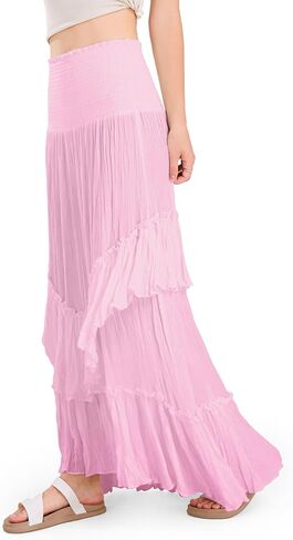 CHARTOU Women Boho Maxi Convertible Skirt Wide Smocked Elastic Waist Asymmetric Ruffle Strapless Dress in Kuwait