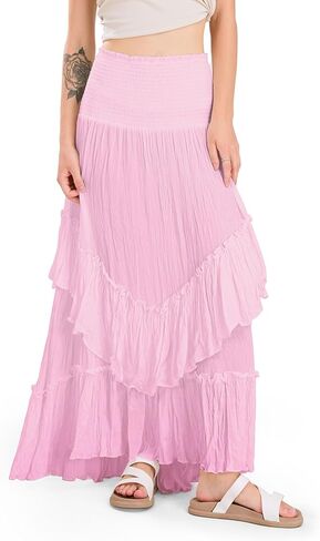 CHARTOU Women Boho Maxi Convertible Skirt Wide Smocked Elastic Waist Asymmetric Ruffle Strapless Dress in Kuwait