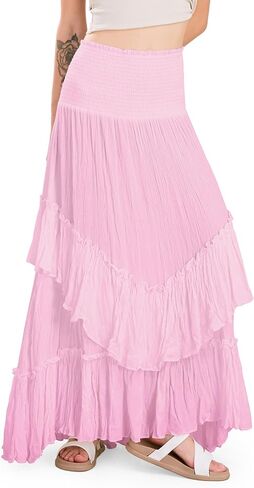 CHARTOU Women Boho Maxi Convertible Skirt Wide Smocked Elastic Waist Asymmetric Ruffle Strapless Dress in Kuwait