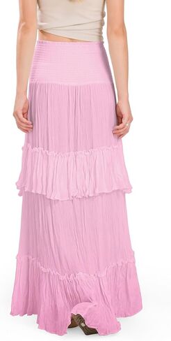 CHARTOU Women Boho Maxi Convertible Skirt Wide Smocked Elastic Waist Asymmetric Ruffle Strapless Dress in Kuwait
