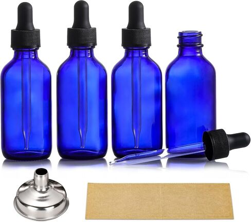 4 Pack, 2 oz Dropper Bottles with 2 Extra 1mL Calibrated Glass Droppers & 1 Funnel & 4 Labels - 60ml Thick Dark Amber Glass Tincture Bottles with Eye Droppers - Leakproof Essential Oils Bottles in Kuwait
