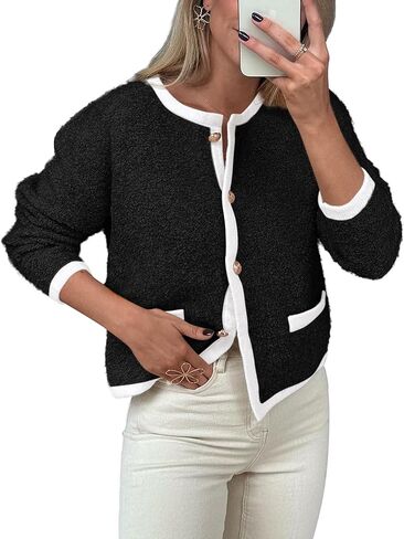 Okiwam Women's Cardigan Sweaters 2024 Trendy Button Down Cardigan Crewneck Contrast Colors Fall Outerwear Clothes in Kuwait