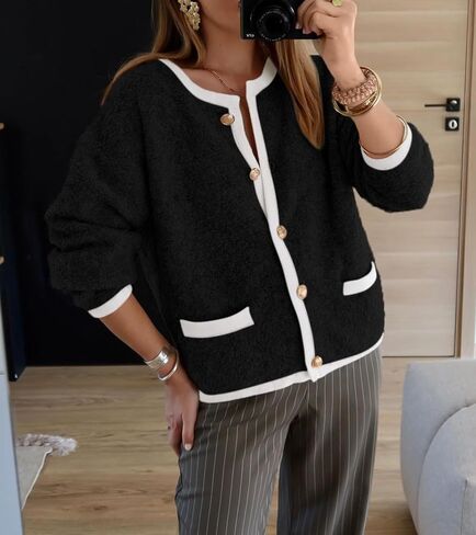 Okiwam Women's Cardigan Sweaters 2024 Trendy Button Down Cardigan Crewneck Contrast Colors Fall Outerwear Clothes in Kuwait