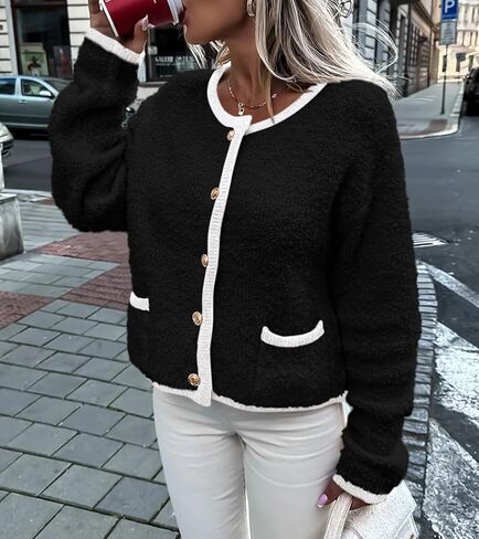 Okiwam Women's Cardigan Sweaters 2024 Trendy Button Down Cardigan Crewneck Contrast Colors Fall Outerwear Clothes in Kuwait