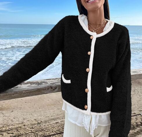 Okiwam Women's Cardigan Sweaters 2024 Trendy Button Down Cardigan Crewneck Contrast Colors Fall Outerwear Clothes in Kuwait