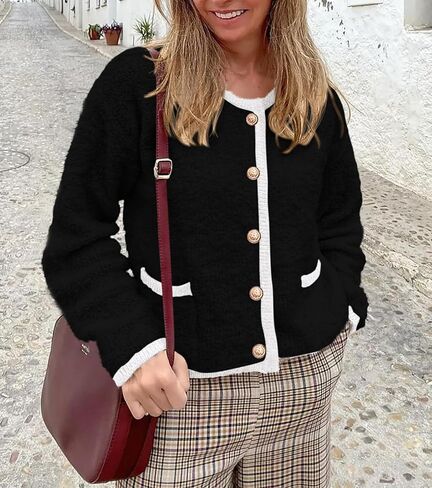 Okiwam Women's Cardigan Sweaters 2024 Trendy Button Down Cardigan Crewneck Contrast Colors Fall Outerwear Clothes in Kuwait