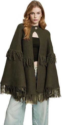 BEAUZSUZSANA Women Wool Blend Cape Poncho Shawl Knitted Cardigans with Button Tassel in Saudi Arabia