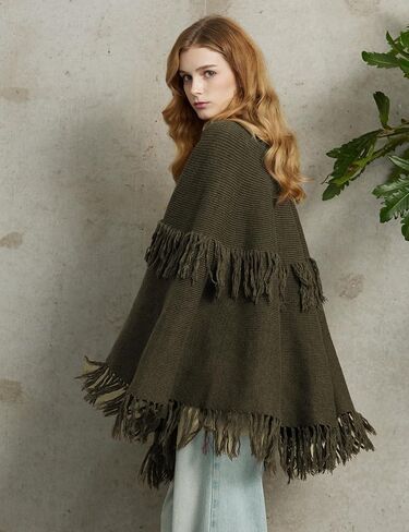 BEAUZSUZSANA Women Wool Blend Cape Poncho Shawl Knitted Cardigans with Button Tassel in Saudi Arabia