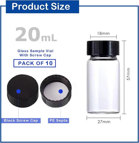 10Pcs 20 mL Clear Glass Sample Vials, 5 Dram Borosilicate Glass Vial with Screwcap, PE Liner Sample Containers Lab Vial Liquid Sampling Glass Oil Bottle in Kuwait