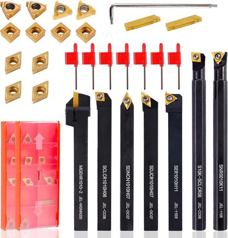 Indexable Lathe Turning Tool 21Pcs Kit 3/8" (10mm) Shank, Includes 7Pcs Metal Lathe Tool Holders and 14Pcs Carbide Inserts for Turning Boring Grooving Cutting Threading Carbide Turning Tool in Saudi Arabia
