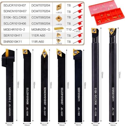Indexable Lathe Turning Tool 21Pcs Kit 3/8" (10mm) Shank, Includes 7Pcs Metal Lathe Tool Holders and 14Pcs Carbide Inserts for Turning Boring Grooving Cutting Threading Carbide Turning Tool in Saudi Arabia