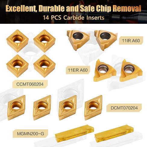 Indexable Lathe Turning Tool 21Pcs Kit 3/8" (10mm) Shank, Includes 7Pcs Metal Lathe Tool Holders and 14Pcs Carbide Inserts for Turning Boring Grooving Cutting Threading Carbide Turning Tool in Saudi Arabia