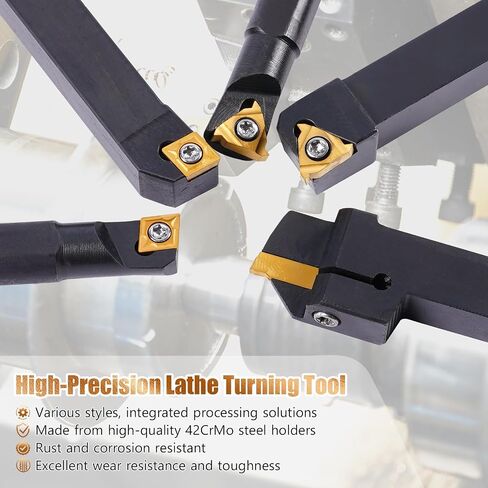Indexable Lathe Turning Tool 21Pcs Kit 3/8" (10mm) Shank, Includes 7Pcs Metal Lathe Tool Holders and 14Pcs Carbide Inserts for Turning Boring Grooving Cutting Threading Carbide Turning Tool in Saudi Arabia