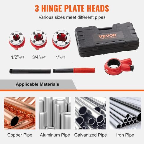 VEVOR Ratchet Pipe Threader Kit, 1/2" NPT, 3/4" NPT, 1" NPT Manual Ratcheting Pipe Threader, Portable Pipe Threading Tool Set with 3PCS NPT Dies, Storage Case for Galvanized Aluminum Iron Copper Pipes in Saudi Arabia
