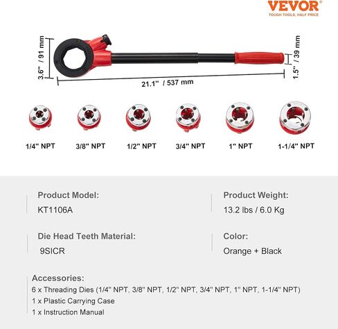 VEVOR Ratchet Pipe Threader Kit, 1/2" NPT, 3/4" NPT, 1" NPT Manual Ratcheting Pipe Threader, Portable Pipe Threading Tool Set with 3PCS NPT Dies, Storage Case for Galvanized Aluminum Iron Copper Pipes in Saudi Arabia