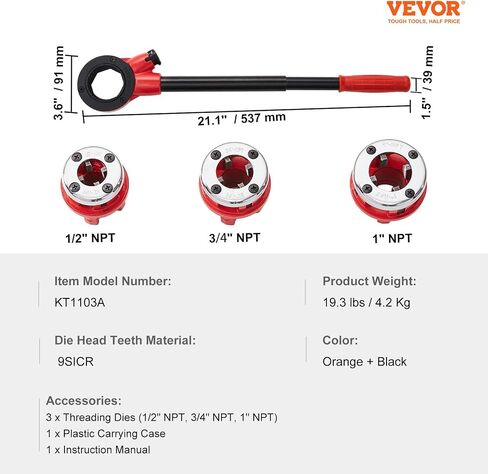 VEVOR Ratchet Pipe Threader Kit, 1/2" NPT, 3/4" NPT, 1" NPT Manual Ratcheting Pipe Threader, Portable Pipe Threading Tool Set with 3PCS NPT Dies, Storage Case for Galvanized Aluminum Iron Copper Pipes in Saudi Arabia