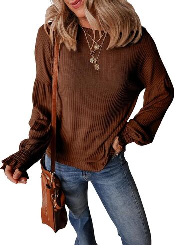 EVALESS Womens Fall Tops Cute Lantern Sleeve Shirts Basic Crewneck Blouses for Women Dressy Casual Outfits Trendy 2024 in Saudi Arabia