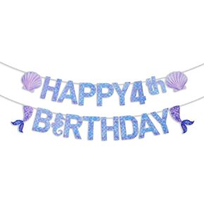 Pre-Strung Mermaid 6th Birthday Banner for Mermaid Birthday Decorations - NO DIY - 6th Mermaid Party Decorations,6th Mermaid Party Supplies（3rd-7th）