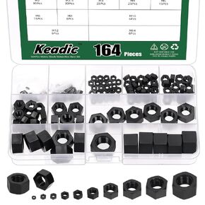 Keadic 164Pcs Nylon Hex Nuts Assortment Kit, M2 M2.5 M3 M4 M5 M6 M8 M10 M12 M14 Hexagon Nut Fasteners Set with Plastic Storage Case for Electronics Home Machinery (Black)