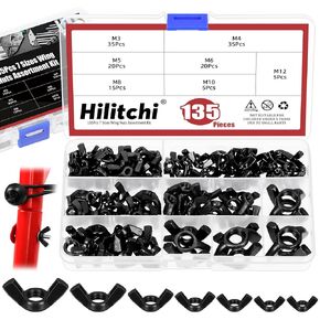 Hilitchi 135Pcs M3 M4 M5 M6 M8 M10 M12 Wing Nuts Assortment Kits Carbon Steel Butterfly Nut Black Butterfly Nut Wing Nuts Fasteners Wingnuts Hand Twist Tighten Ear for Home Building Industry