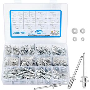 620Pcs Pop Rivets Assortment Kit, 14 Sizes Aluminum Blind Rivets (3/32" 1/8" 5/32" 3/16" 1/4") with 304 Stainless Steel Pop Rivet Washer, Assorted Blind Rivets