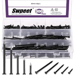Swpeet 300Pcs 5 Sizes 3/4" 1-1/4" 1-3/5" 2" 2-3/8" Hardware Nails Assortment Kit，Steel Nail, Galvanized Nails, Small Nails, Finishing Nails, Wall Nails, Wood Nails, Nails for Concrete Brick