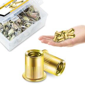 200Pcs #10-32 Rivet Nuts, Yellow-Zinc Carbon Steel Flat Head Knurled Body RIV Nuts, Hardware Nuts Threaded Inserts Rivnuts for Wood & Metal, Rivets Nutsert Rivnuts Kit