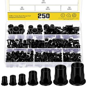 250Pcs M3 M4 M5 M6 M8 M10 M12 Metric Half Hex Body Flange Rivet Nuts, Thread Half Hexagonal Carbon Steel Zinc-Plated Flat Head Threaded Insert Nut, Black