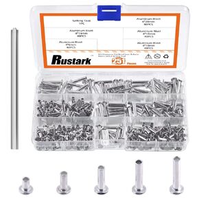 151Pcs 5 Sizes M6 Aluminum Flat Head Semi Tubular Rivets Assortment Kit with Punch, Partial Hole Tubular Rivets Round Flat Head Semi Tubular Rivet Silver Tone for Household Industry Repairing