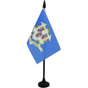علم طاولة كونيتيكت من AZ FLAG مقاس 10.16 سم × 15.24 سم - علم مكتب ولاية كونيتيكت الأمريكية 15 × 10 سم - عصا وقاعدة بلاستيكية سوداء
