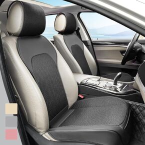 2 Pack Breathable Front Car Seat Covers with Steering Wheel Cover, 3D Ice Silk Fabric and Leather Automotive Car Seat Protectors Four Seasons, Universal Car Seat Cushion for Cars Trucks SUVs (Beige)
