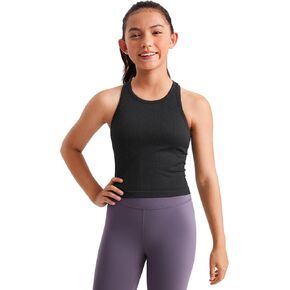 CRZ YOGA Girls Seamless Ribbed Longline Sports Bra - High Neck Racerback Training Yoga Bra for Teens Kids Dance Crop Top