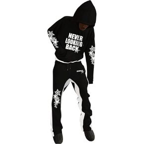 Men's 2 Piece Sweatsuit Long Sleeve Graphic Hoodies and Designer Stacked Sweatpants Jogging Suit