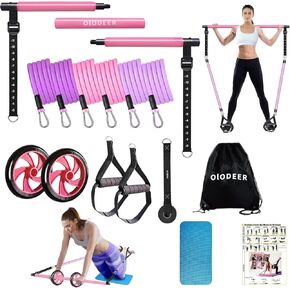 Pilates Bar Kit with Resistance Bands, OLODEER Pilates Reformer Exercise Bar with Ab Roller at Home Workout Equipment, Pilates Bar Set for Full Body Training Women & Men