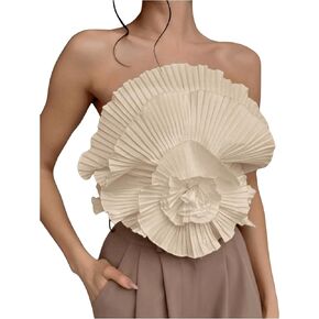 OYOANGLE Women's 3D Flower Decor Strapless Sleeveless Bandeau Top Slim Fit Solid Cropped Tube Tops