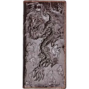 Genuine Leather Bifold Long Wallet for Men, Retro Vintage Embossed Clutch with Zipped Coin purse & Credit card Slots. RFID Blocking. Crocodile Tail- Coffee