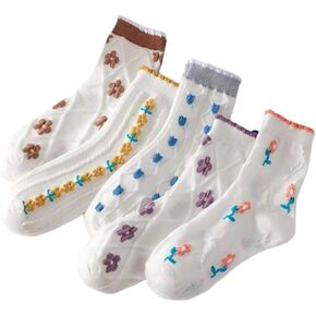 Kimkshine Womens Crew Socks Casual Cotton Cute Frilly Socks Fun Novelty Thin Dress Floral Socks For Girls 3/5 Pack
