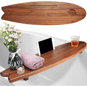 Large Bathtub Tray with Adjustable Legs, 36"x10" Acacia Wood Bath Tray for Tub, Fish Surfboard Shape Bath Caddy Table, Luxury Spa Gift for New Home Housewarming, Japanese Minimalistic Style