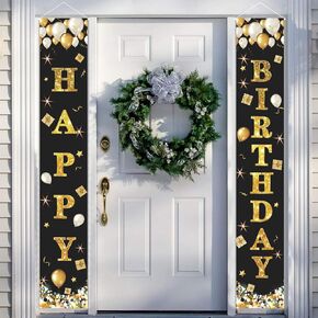 Black Gold Happy Birthday Door Banner,Birthday Door Cover Decoration Supplies Happy Birthday Backdrop Photography Background Sign For Women And Girls Birthday Party Home Outdoor Decor